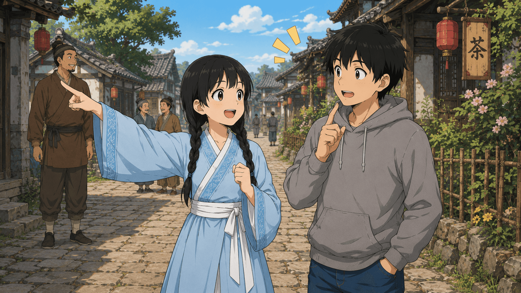 布地を触りながら「很软！」と感想を言う健。