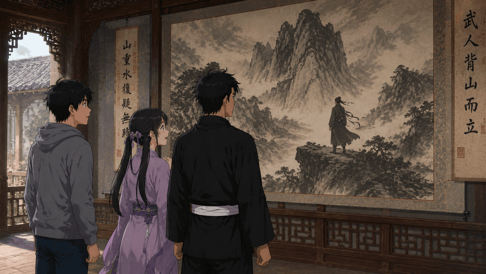 回廊の絵の前に再び立つ三人。飛虎がじっと絵を見つめる。