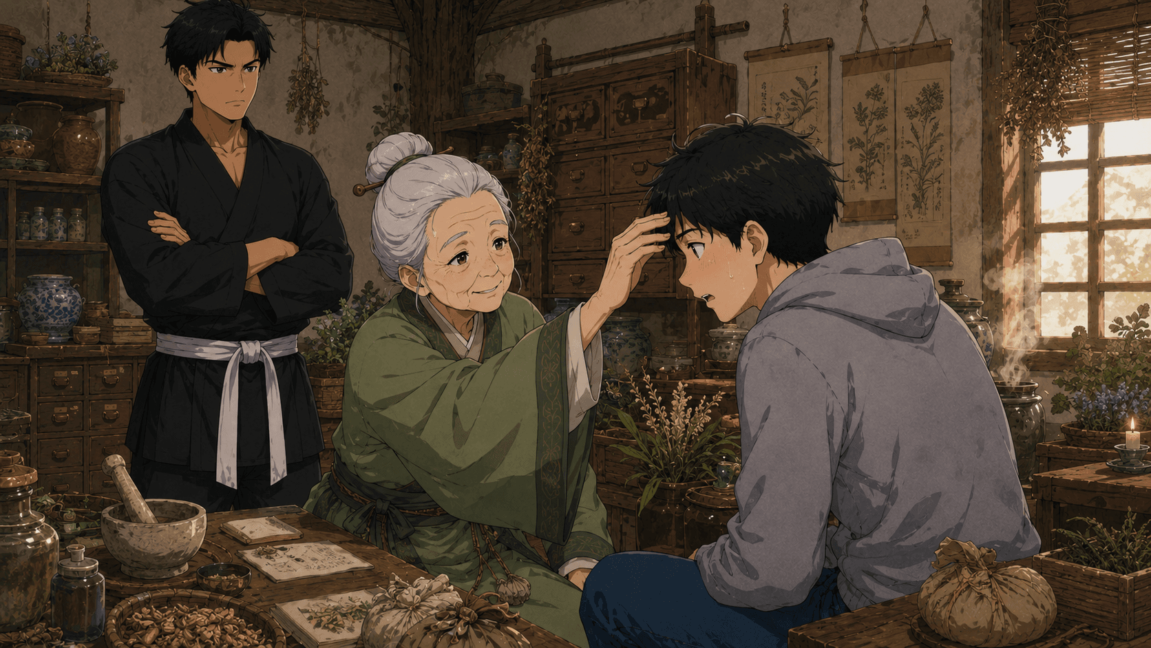 「どこが悪い？いつから？」と丁寧に診察する薬婆。