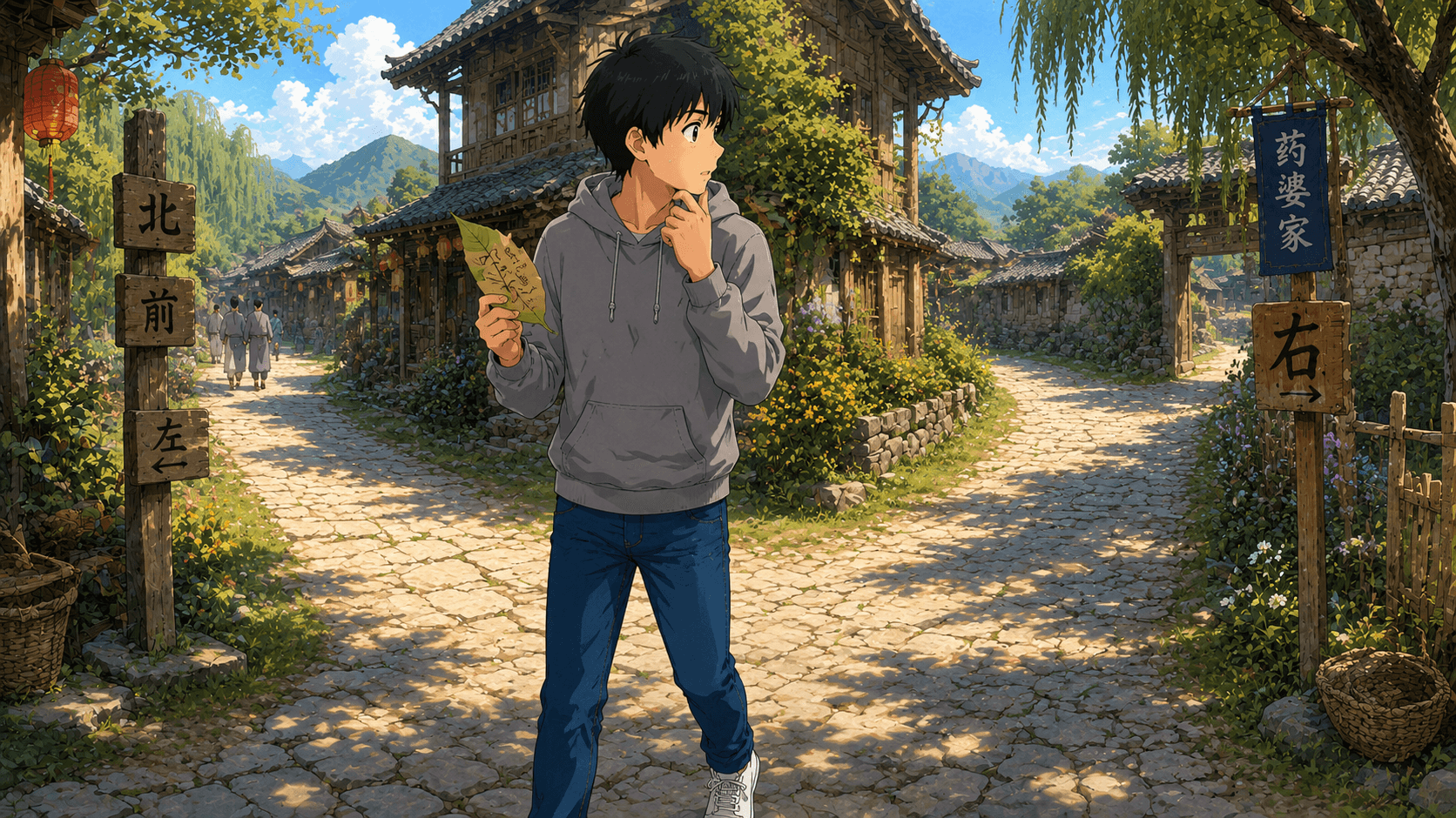「村の東側、大木のそば」と教える村人たち。