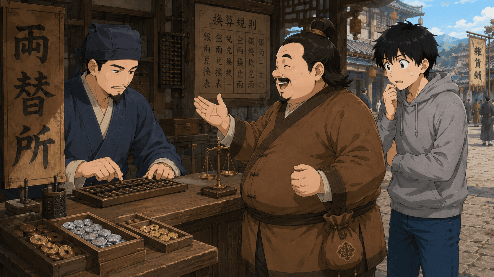 銭荘で両替に挑戦。「銀行」と言ったら「銭荘」と教えてもらう。