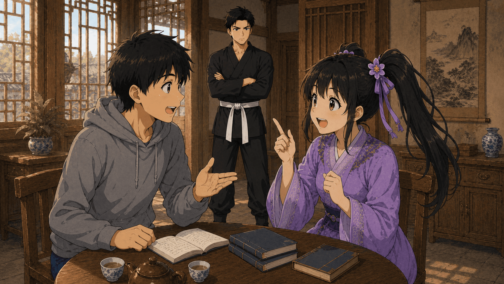 城の歴史300年を聞いて驚く一行。鈴鐺が「何度来ましたか?」と質問。