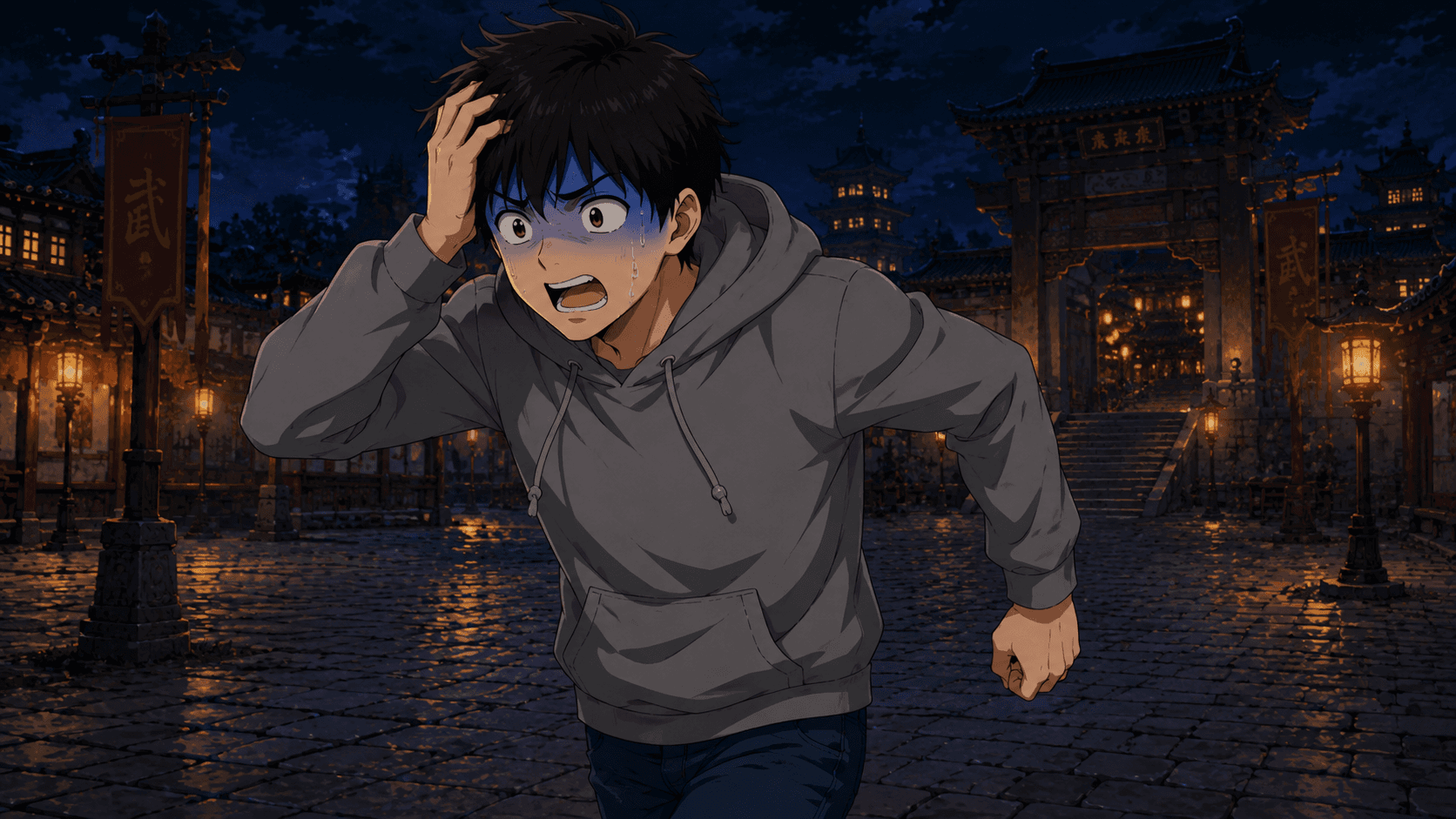夜の月見台前。腕を組んで立つ玲。青ざめる健。