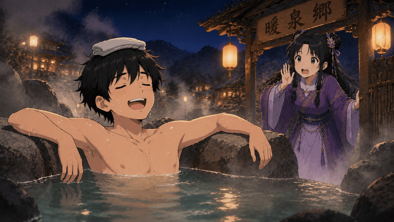温泉で一時間浸かる健。鈴鐺にツッコまれる。