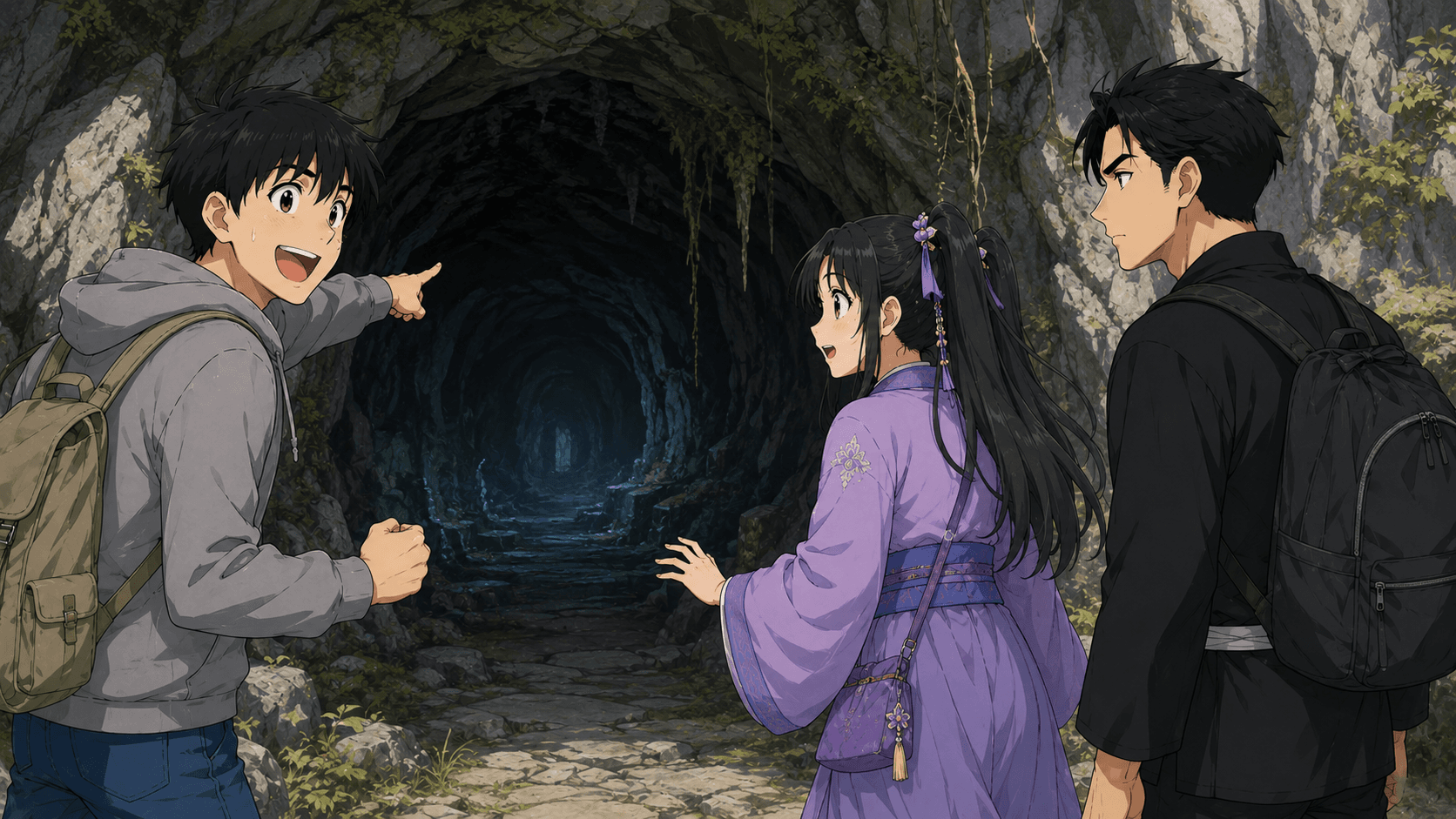 「山洞=地下城!」と興奮する健。「腿が痛いって言ってたじゃん」と鈴鐺。