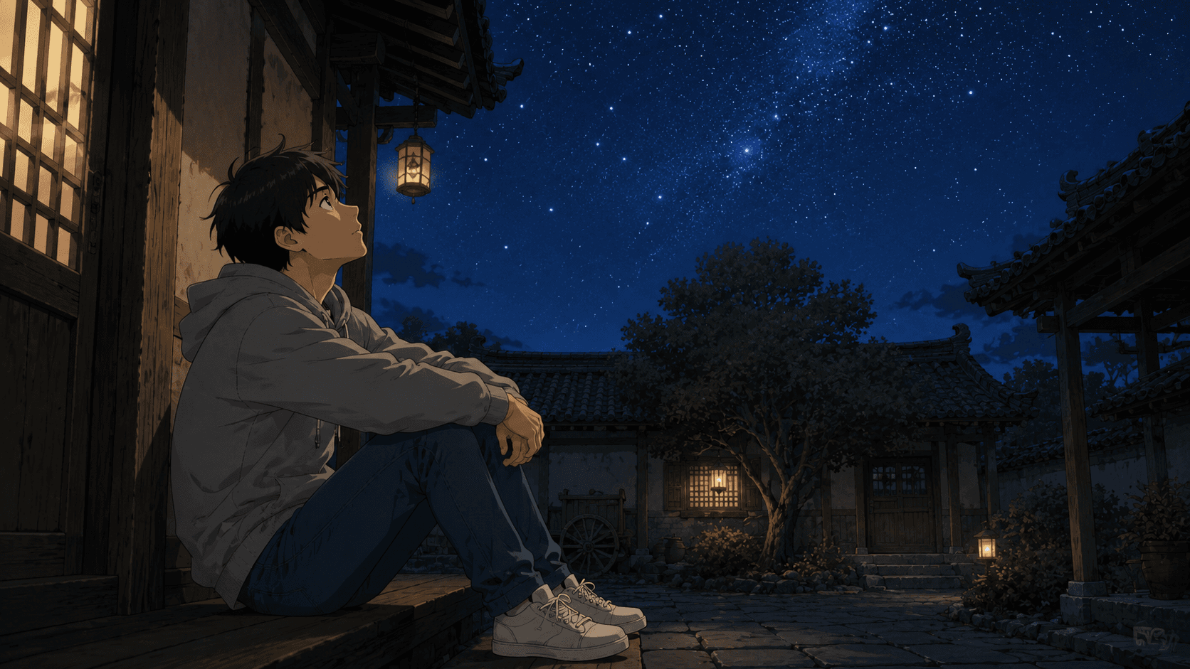中庭で星空を眺める健。「帰還条件:言語習得レベルMAX」の文字が浮かぶ。