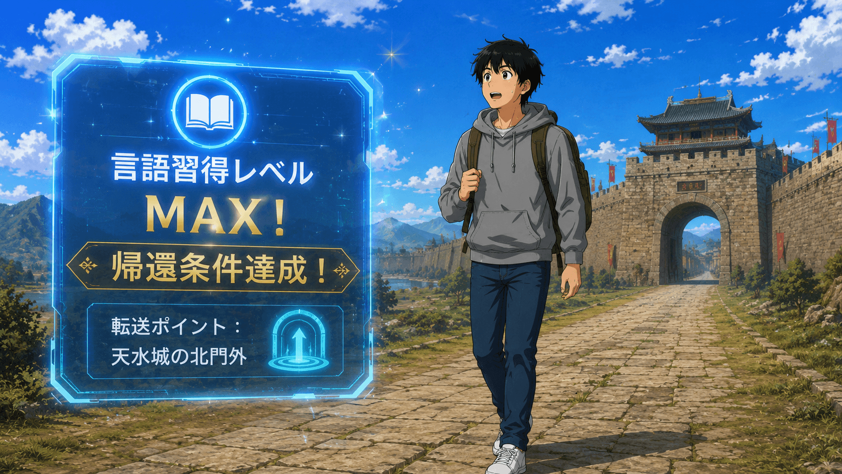 言語習得ゲージMAX!「帰還条件達成」のスキルUI。北門へ向かう健。