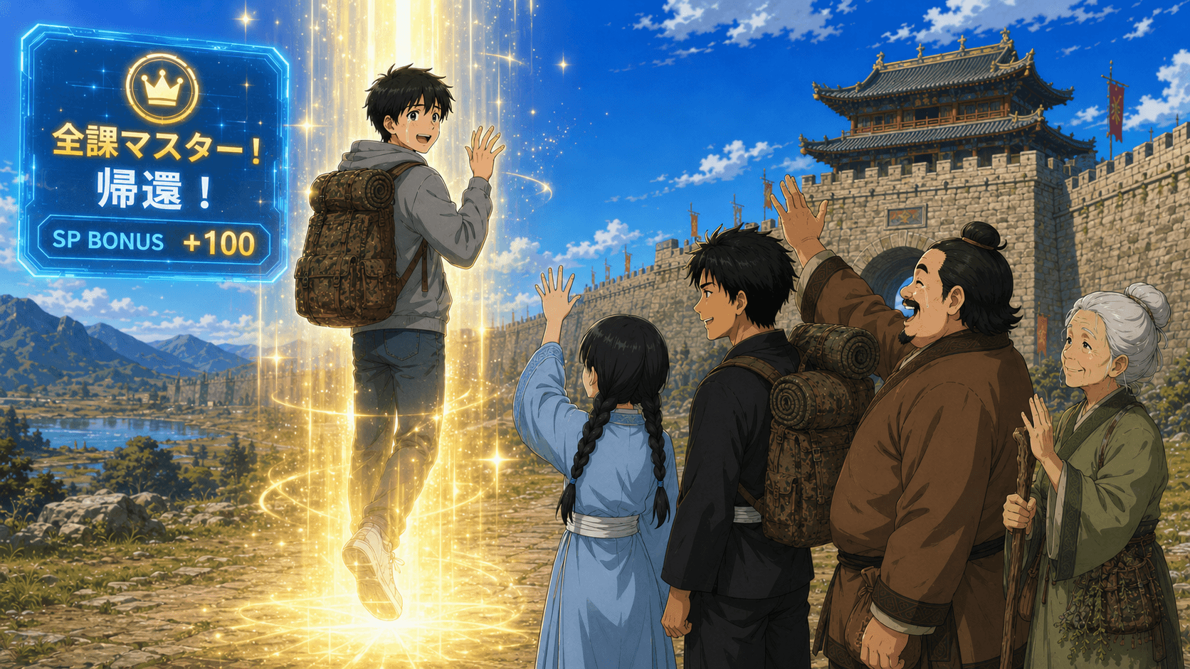 「祝你一路平安!」全員の声に送られ光に包まれる健。「次のミッション:???」